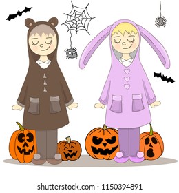 Kids in cute Halloween costumes. Bear and bunny. Vector EPS 10.