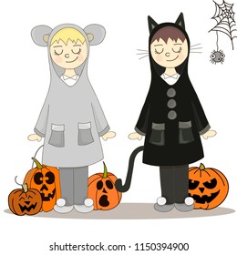 Kids in cute Halloween costumes. Mouse and cat. Vector EPS 10.