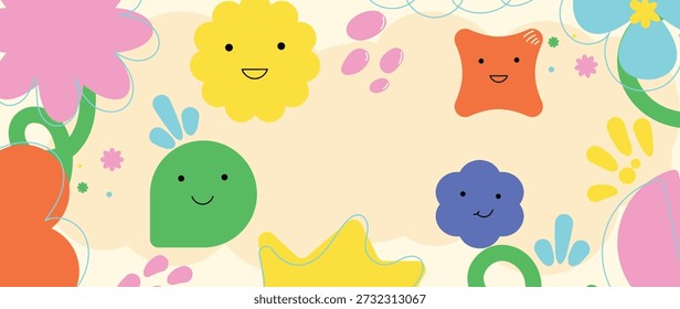 Kids cute icon vector background with smiling characters, flowers and pastel shapes. Playful illustration design for posters, stationery and packaging.