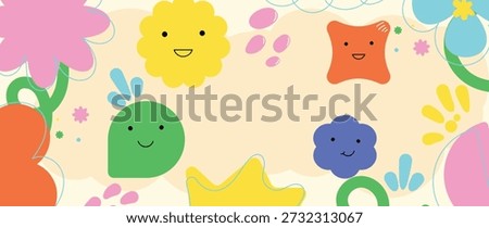 Kids cute icon vector background with smiling characters, flowers and pastel shapes. Playful illustration design for posters, stationery and packaging.