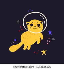 Kids cute illustration with cat in space. Space background. Print for T-shirts, textiles, web. Cat in a spacesuit. Flat vector illustration isolated on a dark background. 
