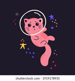 Kids cute illustration with cat in space. Space background. Print for T-shirts, textiles, web. Cat in a spacesuit. Flat vector illustration isolated on a dark background. 