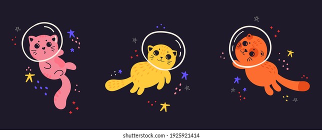 Niños adorables ilustraciones con gatos en el espacio. Fondo espacial. Conjunto de astronautas animales sobre fondo de cielo estrellado. Impresión para camisetas, textiles, web. Gato en un espacio. Ilustración vectorial plana. 