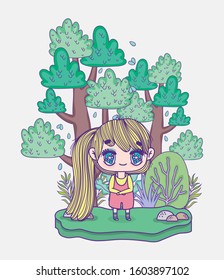 kids, cute little blonde girl outdoor scene cartoon vector illustration