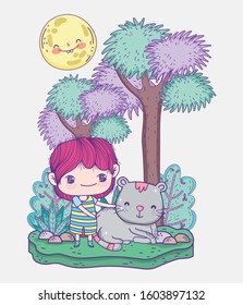 kids, cute little boy and cat cartoon trees grass sunny day vector illustration