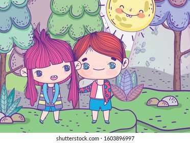 kids, cute little boy and girl anime cartoon grass trees sun landscape vector illustration