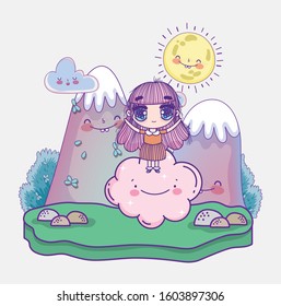 kids, cute little girl anime on cloud cartoon mountains sun vector illustration