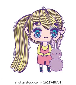 kids, cute little girl anime cartoon with bunny vector illustration