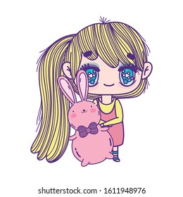 kids, cute little girl anime cartoon holding fluffy bunny toy vector illustration
