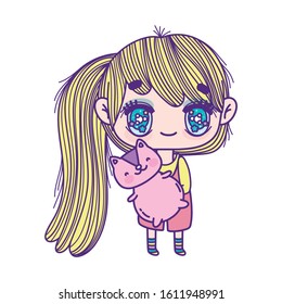 kids, cute little girl anime cartoon and cute squirrel vector illustration