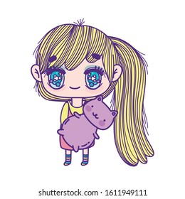 kids, cute little girl anime cartoon with cute cat vector illustration