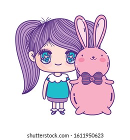 kids, cute little girl anime cartoon and cute rabbit vector illustration