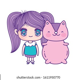 kids, cute little girl anime cartoon and cute squirrel vector illustration