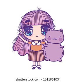 kids, cute little girl anime cartoon with cute cat outdoor vector illustration