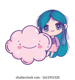 kids, cute little girl anime with cloud cartoon vector illustration