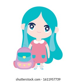 kids, cute little girl anime cartoon with backpack vector illustration