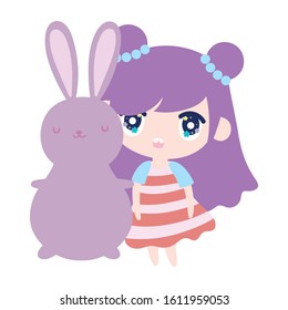 kids, cute little girl anime cartoon bunny vector illustration