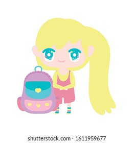 kids, cute little girl anime cartoon with backpack vector illustration