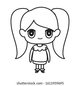 kids, cute little girl anime cartoon character vector illustration thick line