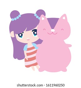 kids, cute little girl anime cartoon and cute squirrel vector illustration