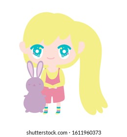 kids, cute little girl anime cartoon with bunny vector illustration