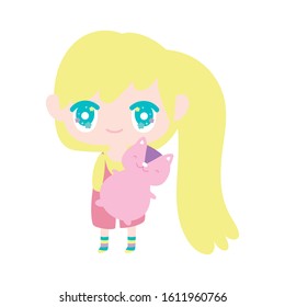 kids, cute little girl anime cartoon and cute squirrel vector illustration