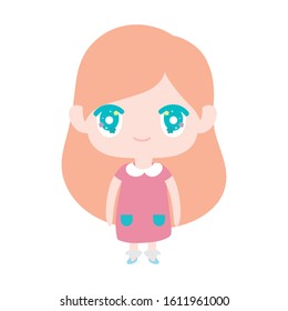 kids, cute little girl anime cartoon character vector illustration