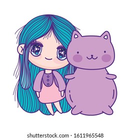 kids, cute little girl anime cartoon and cute cat vector illustration