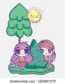 kids, cute little girls anime cartoon bush tree sunny day vector illustration