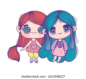 kids, cute little girls anime cartoon characters vector illustration