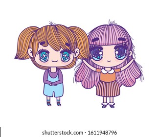 kids, cute little girls anime cartoon characters vector illustration