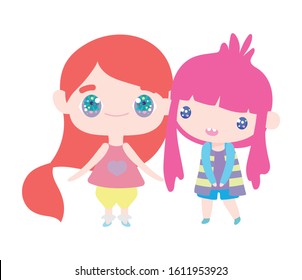 kids, cute little girls anime cartoon characters vector illustration