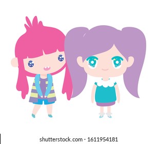 kids, cute little girls anime cartoon characters vector illustration