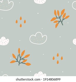 Los niños adorable patrón pastel sin costura para papel impreso, textil, envolvente. Los niños modernos y estilizados con hojas y nubes.