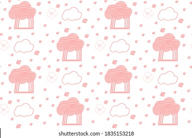 Los niños adorables nubes de doodle rosado son un patrón sin fisuras. El fondo de las nubes dibujadas a mano en mosaico pastel con líneas, flor y arcoiris. Ideal para tejidos, papel impreso, decoración de papel pintado o ilustración de libro Vector