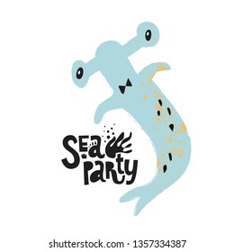Kids cute print, card, poster. Sea fish character in carnival mask with quote,  Hello. Vector illistration in cartoon style for t-shirt, kids apparel and summer design. Motivational sayings