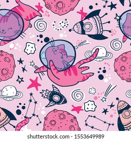 Kids Cute Seamless Pattern With Cat In Space. Space Background. Print For T-shirts, Textiles, Wrapping Paper, Web. 
