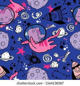 Kids cute seamless pattern with cat in space. Space background. print for T-shirts, textiles, wrapping paper, web. 
