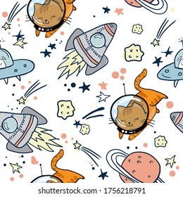 Kids cute seamless pattern with cat in space. Space background. print for T-shirts, textiles, wrapping paper, web. 
