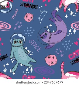 Kids cute seamless pattern with cat in space. Space background. print for T-shirts, textiles, wrapping paper, web. 
