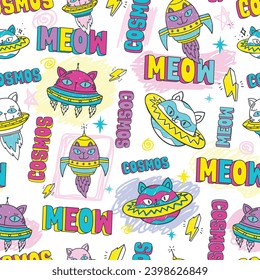 Kids cute seamless pattern with cat in space. Cat Space background. Cosmos cats print for T-shirts, textiles, wrapping paper, web. Endless lettering ornament.