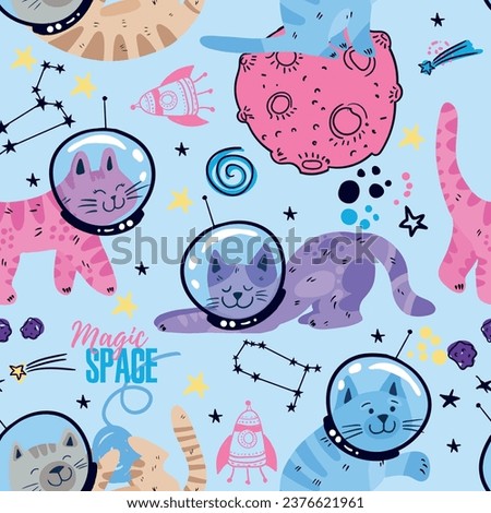 Kids cute seamless pattern with cat in space. Space background. print for T-shirts, textiles, wrapping paper, web. 
