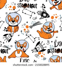 Kids cute seamless pattern with corgi dog in space. Space background. print for T-shirts, textiles, wrapping paper, web. 
