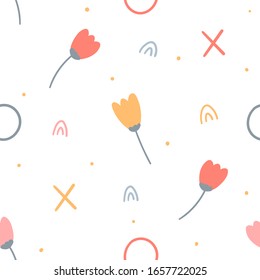Kids cute seamless pattern with hand drawn flowers for print, textile, apparel design. Modern girly white background with flowers, crochet, circles.