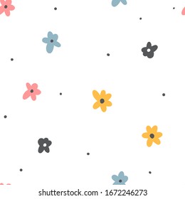 Kids cute seamless pattern with hand drawn flowers for print, textile, apparel design. Modern girly background.