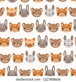 kids cute seamless pattern with heads of smiling animals gentle colors
