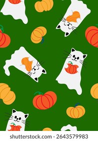 kids cute seamless pattern poster with cats ghosts pumpkins in paws green background autumn decor design textile