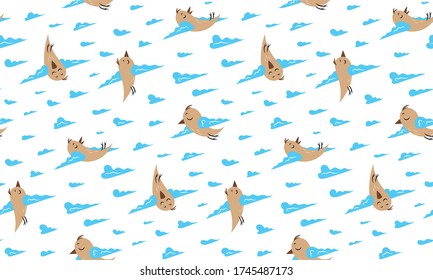 Kid's cute sleepy birds cloudy wings pattern. Vector. Seamless.