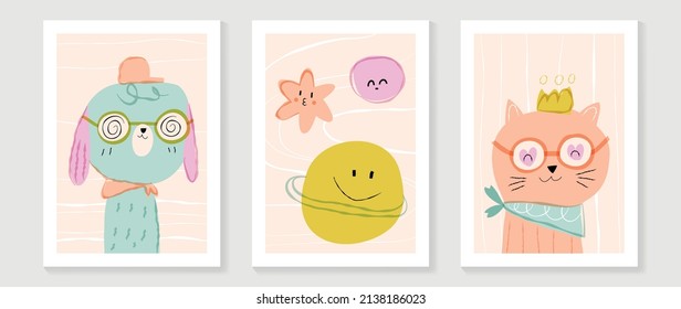 Kids and cute wall art vector collection. Funny and lovely design with dog and cat, sun and moon. minimal design for bedroom and home decoration pictures. kids cover background template.