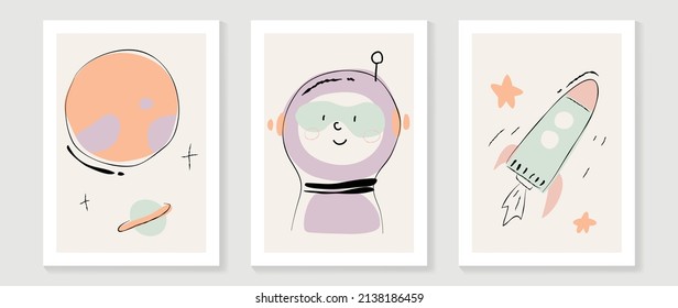 Kids and cute wall art vector collection. Funny and lovely design with astronaut,spaceship, stars and universe . Good design for bedroom and home decoration pictures. kids cover background template.